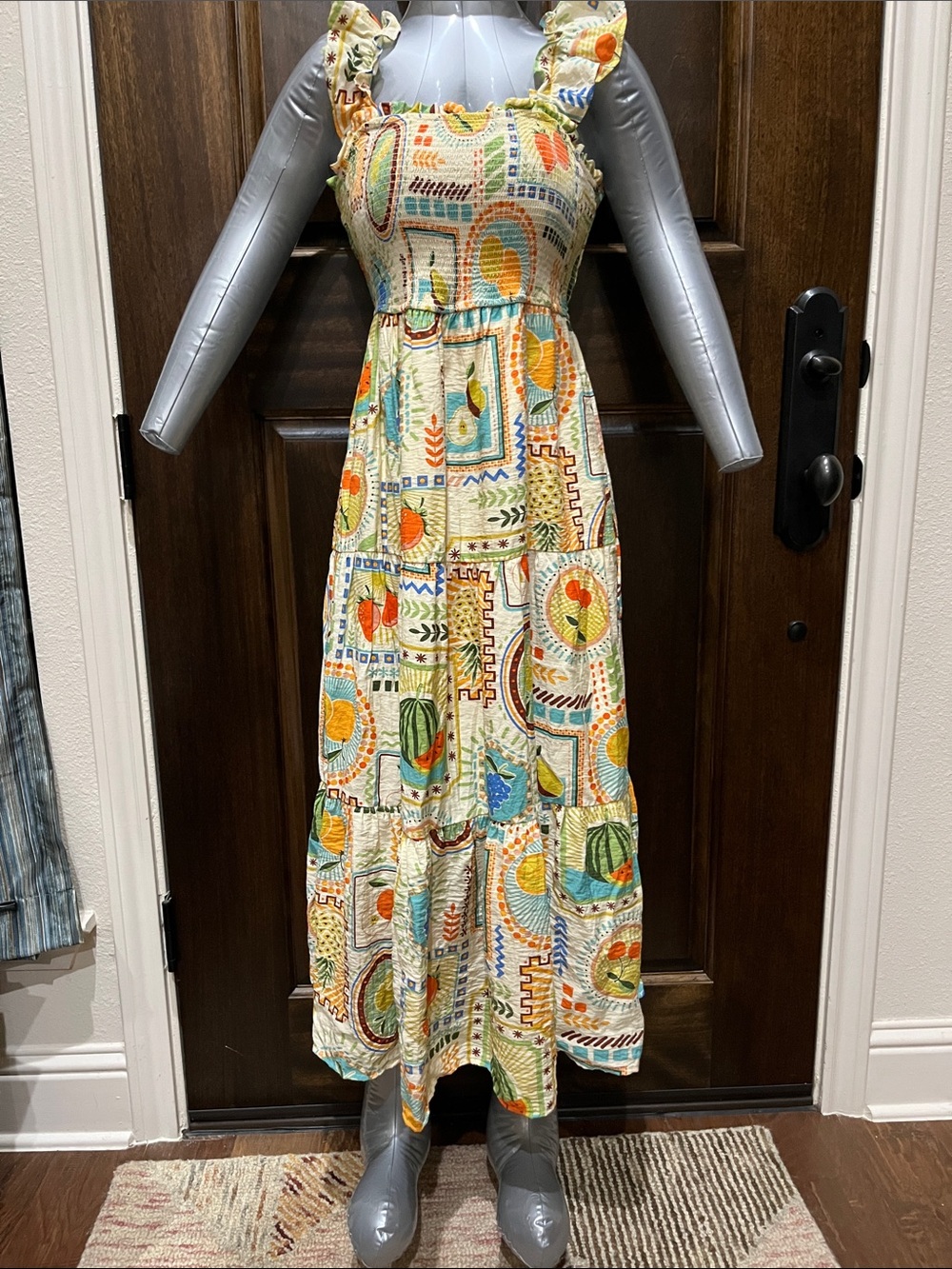 Small Smocked, Ruffled straps, Midi Dress fruit motif